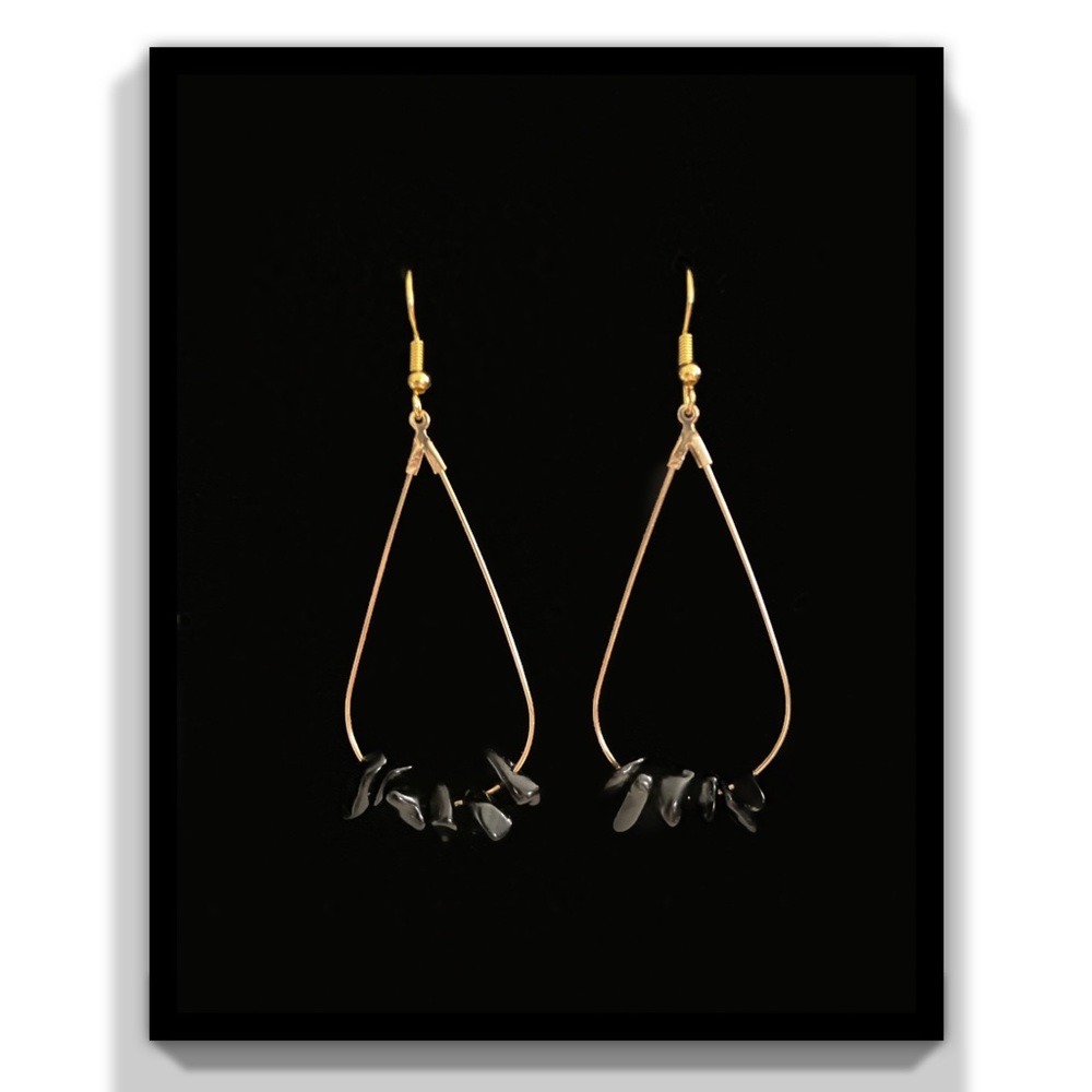 Gold Hoops with Black Obsidian Gemstones